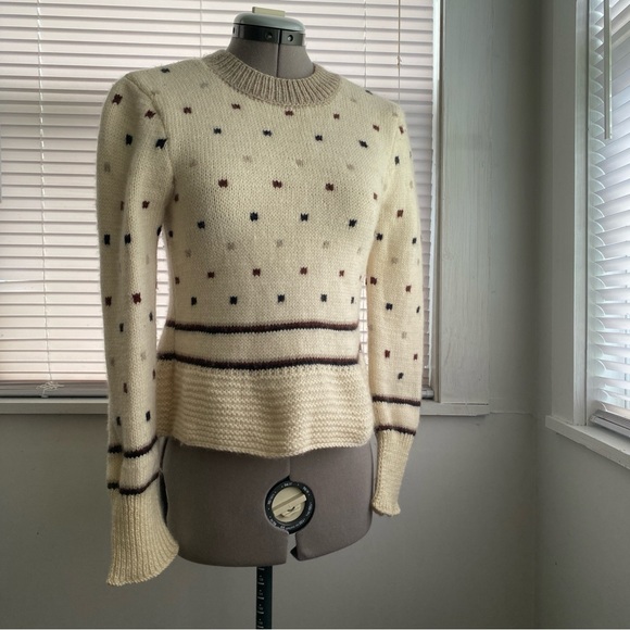Women's Handknit Sweater Off White Brown Polka Dot Long Sleeve Size Handmade XXS - Picture 4 of 9